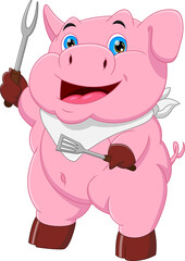 cartoon pig chef holding fork and stir fry fork