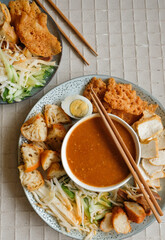 Popular Indian gourmet in Malaysia / Rojak or Pasembur / Fried dough shrimp fritters, tofu, egg, spicy cuttlefish, shredded cucumber, turnip and bean sprouts in thick and spicy peanut gravy sauce