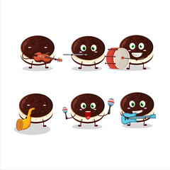 Cartoon character of chocolate dorayaki playing some musical instruments