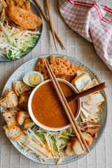 Popular Indian gourmet in Malaysia / Rojak or Pasembur / Fried dough shrimp fritters, tofu, egg, spicy cuttlefish, shredded cucumber, turnip and bean sprouts in thick and spicy peanut gravy sauce