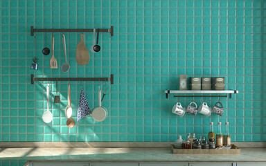 Front view kitchen with marble kitchen countertop under warm morning sunshine, turquoise tiled wall, and wall hung kitchen shelf various kitchenware on it, 3d Rendering