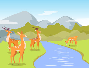 Deer at watering hole cartoon illustration. Cute cartoon deer standing near clear sparkling river, drinking. Mountains and blue sky on background. Wildlife concept for website design or landing page