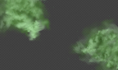 Green dust. Abstract blurry smoke with green particles. Smoke or dust isolated on transparent background. Abstract mystical gas. Vector illustration.