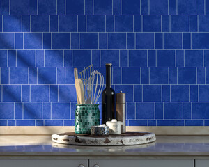 Front view kitchen with marble kitchen countertop and some dishes on it under warm morning sunshine, blue alternating ceramic tiled wall, 3d Rendering