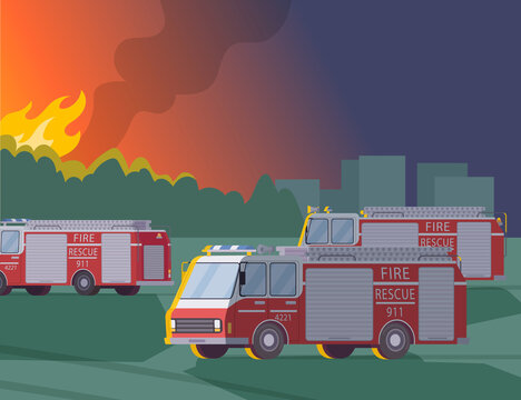 Fire rescue crew extinguish forest fire. Red fire rescue cars, blazing fire, city on background. Night catastrophe. Nature in danger. Accident, fireman concept for website design or landing page
