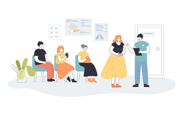 People waiting in line to doctor. Men and women sitting on chairs in hospital hall or clinic office. Female character talking to medical worker. Healthcare concept for banner, website design