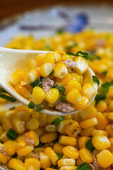 A delicious Chinese dish, fried corn with minced meat
