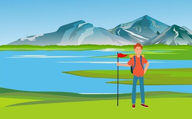 Eco tourist man stands near the lake coast, mountains and nature landscape, hiking in nature tourism