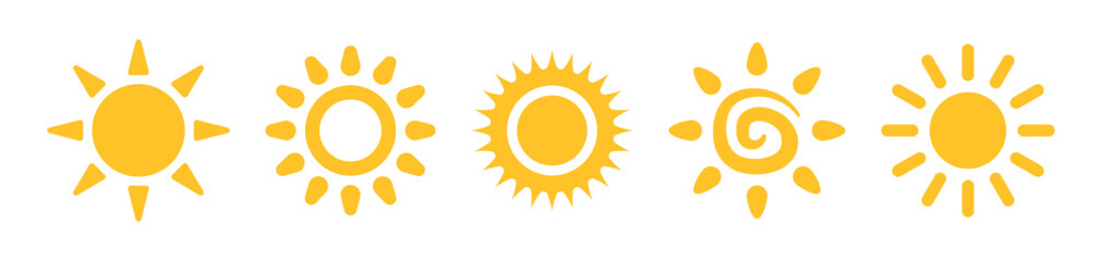Sun in yellow color icons collection. Vector illustration