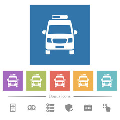 Ambulance car front view flat white icons in square backgrounds