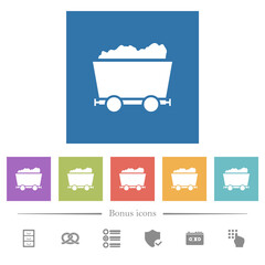 Packed mine cart flat white icons in square backgrounds