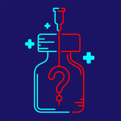 Logo covid-19 vaccine Question Mark symbol in bottle and Syringe Tip with cross icon, Vaccination Campaign problem doubt concept design illustration blue, red color isolated on dark blue background