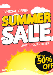 Summer Sale up to 50% off, poster design template, season best offer, discount banner, vector illustration