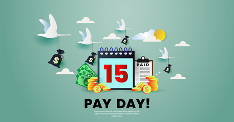 Pay Day poster. salary payment concept. with bag of money, gold coins, calendar and clock. Payroll, annual bonus, income, payout. Vector illustration