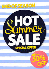 Hot Summer Sale up to 50% off, poster design template, season best offer, discount banner, vector illustration