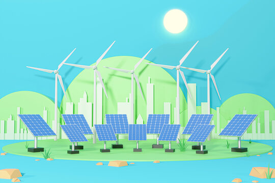 Wind turbines and solar panels that generate renewable clean energy, Green energy, save world concept - 3D render