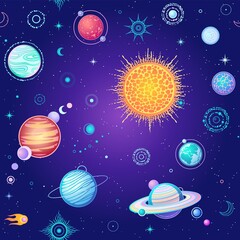 Naklejka premium Seamless background: Cartoon planets of solar system. Space symbols. Color vector illustration.