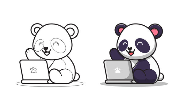 Cute panda playing laptop cartoon coloring pages