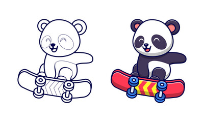 Cute panda playing skateboard cartoon coloring pages for kids