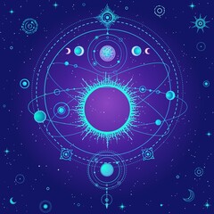 Mystical drawing: stylized Solar system, moon phases, orbits of planets, energy circle. Sacred geometry.  Background - night star sky. Vector illustration. Print, poster, T-shirt, card.