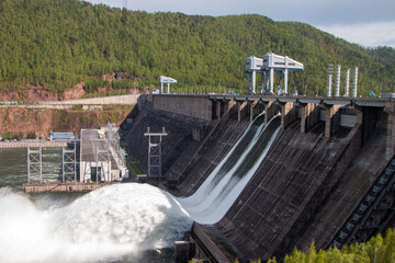 Water discharge to hydroelectric power station, Russia, Krasnoyarsk hydroelectric power station, Yenisei river