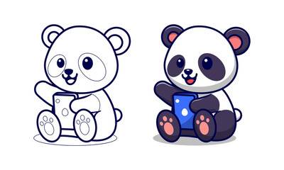 Obraz na płótnie Canvas Cute panda holding phone cartoon coloring page for kids