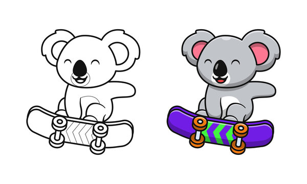 Cute koala playing skateboard cartoon coloring pages for kids