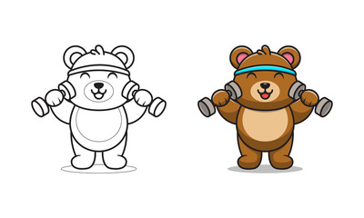 Cute bear lifting barbell cartoon coloring pages
