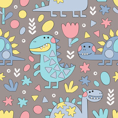 Diplodocus, Brontosaurus, Stegosaurus. Cartoon animals. Plants: flowers and leaves. Doodle figures. Seamless vector pattern (background). 