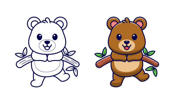 Cute bear on wood cartoon coloring pages for kids