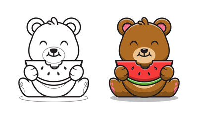 Obraz na płótnie Canvas Cute bear eating watermelon cartoon coloring pages