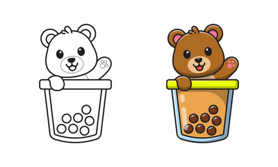 Cute bear with bubble tea cartoon coloring pages