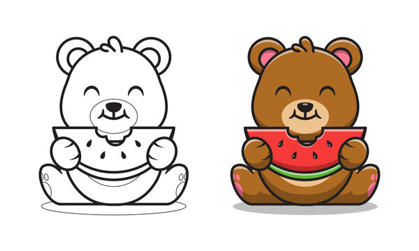 Cute bear eating watermelon cartoon coloring pages