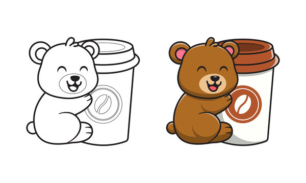 Cute bear with coffee cartoon coloring pages