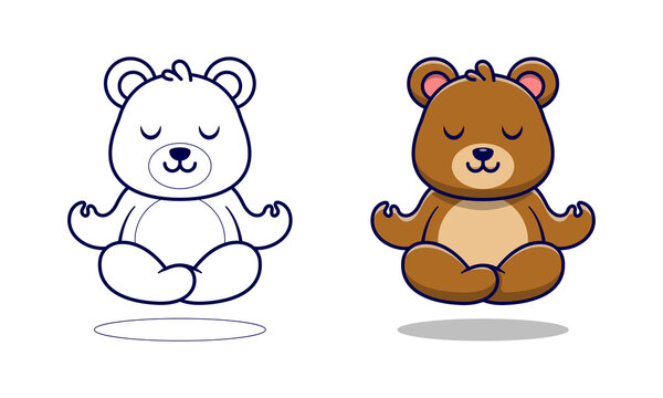 Cute bear is meditating cartoon coloring pages for kids