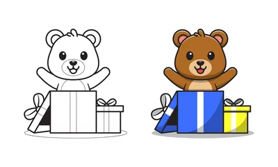 Fotobehang Cute bear in gift box cartoon coloring pages for kids © Three Light