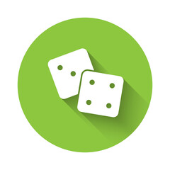 White Game dice icon isolated with long shadow. Casino gambling. Green circle button. Vector
