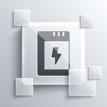 Grey Battery for camera icon isolated on grey background. Lightning bolt symbol. Square glass panels. Vector
