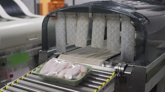 Production Of Chicken Meat. Vacuum Packaging Chicken Meat On Conveyor. Automatic Packaging Machine With Conveyor Belt For Meat At Plant, Food Factory At Package Exhibition