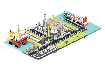 Refinery Plant. Isometric Oil Tank Farm. Offshore Oil Rig. Maritime Port with Oil Tanker Moored at an Oil Storage Silo Terminal.
