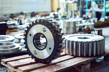 Two large gears after heat treatment lie on a wooden rack. Gear cutting and milling in heavy...