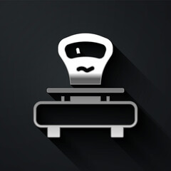 Silver Scales icon isolated on black background. Weight measure equipment. Long shadow style. Vector