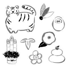 かわいい虎の置物と正月モチーフのセット