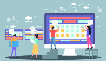 Man and woman think analyzing growth charts. flat design illustration Creativity modern Idea and Concept Vector.