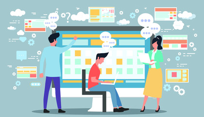 Man and woman think analyzing growth charts. flat design illustration Creativity modern Idea and Concept Vector.