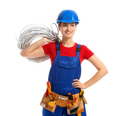 Young female electrician with cables on white background