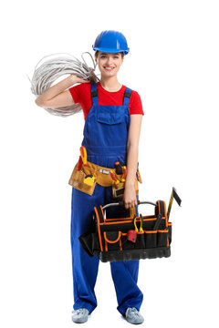 Young Female Electrician With Tools On White Background