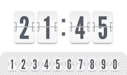 Vector illustration template. White scoreboard number font. Vintage flip clock time counter vector template. Flip countdown number with shadows isolated on white background.