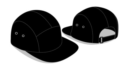 Black 5 Panels Cap With Flat Brim Cap Template Vector On Gray Background, Perspective View.
