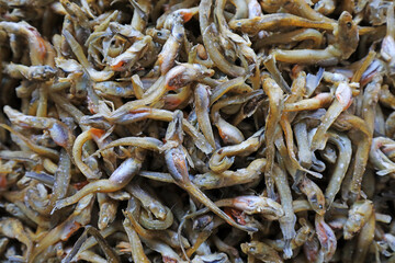 Dried fish piled together in the seafood market in North China